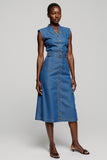 Grey Blue Midi Sheath Work Dress with Belt