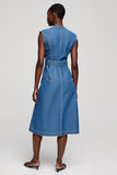 Grey Blue Midi Sheath Work Dress with Belt