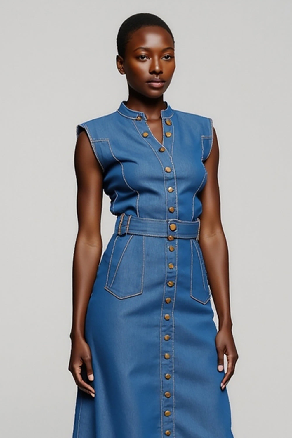 Grey Blue Midi Sheath Work Dress with Belt