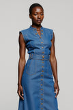 Grey Blue Midi Sheath Work Dress with Belt