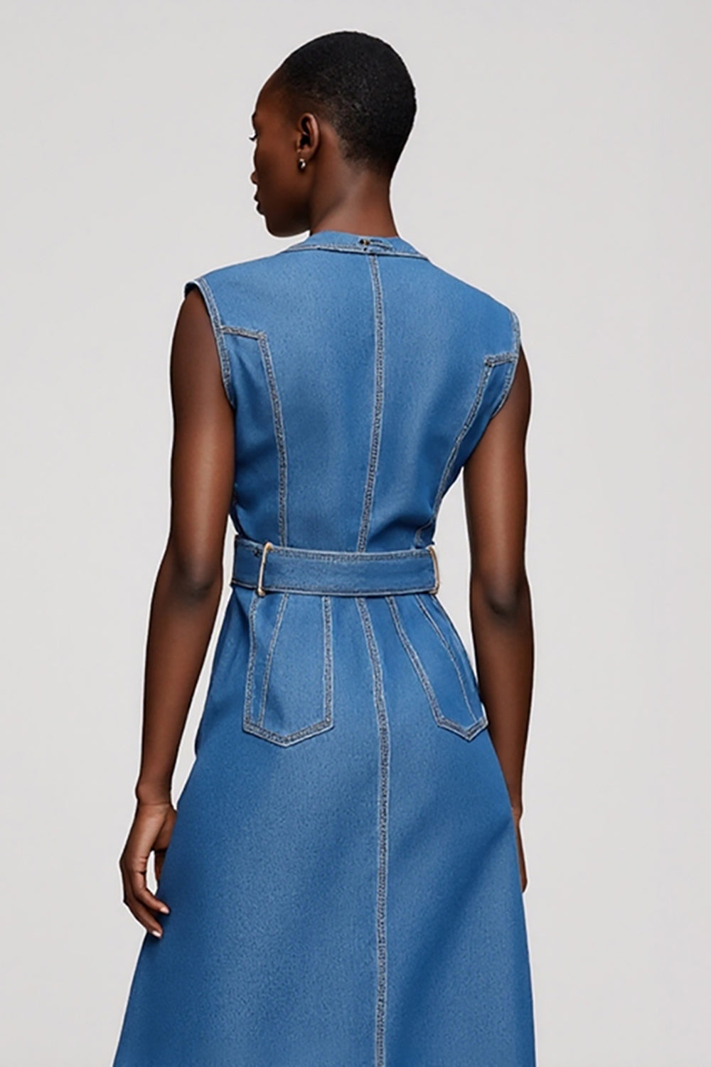 Grey Blue Midi Sheath Work Dress with Belt