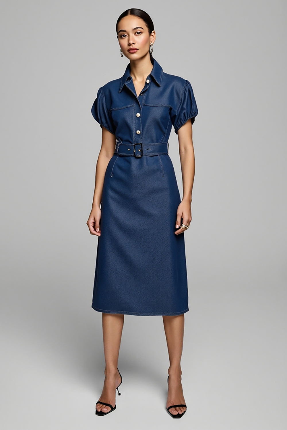 Grey Blue Short Sleeves Bodycon Midi Work Dress with Belt