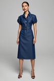 Grey Blue Short Sleeves Bodycon Midi Work Dress with Belt