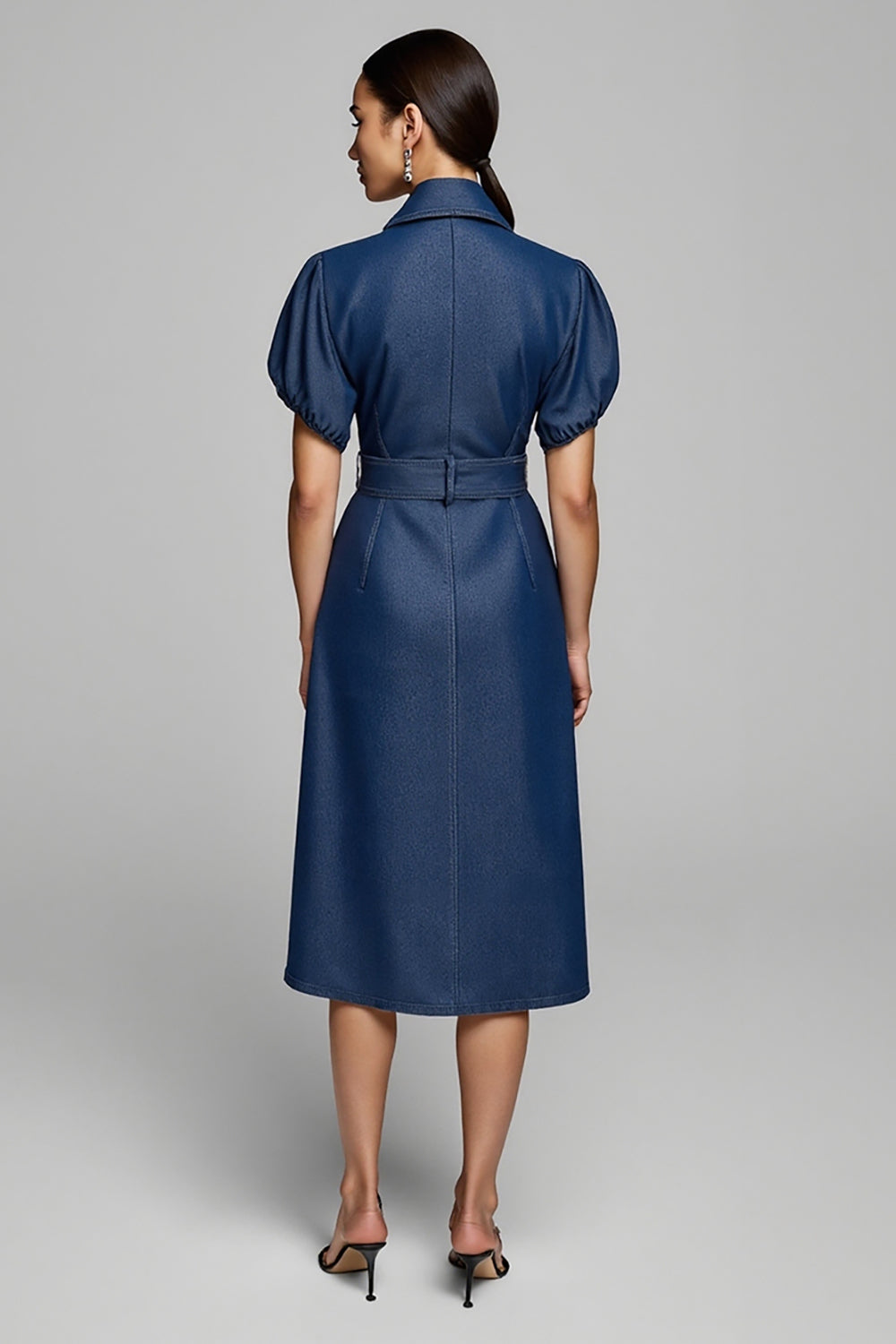 Grey Blue Short Sleeves Bodycon Midi Work Dress with Belt