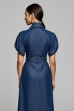 Grey Blue Short Sleeves Bodycon Midi Work Dress with Belt