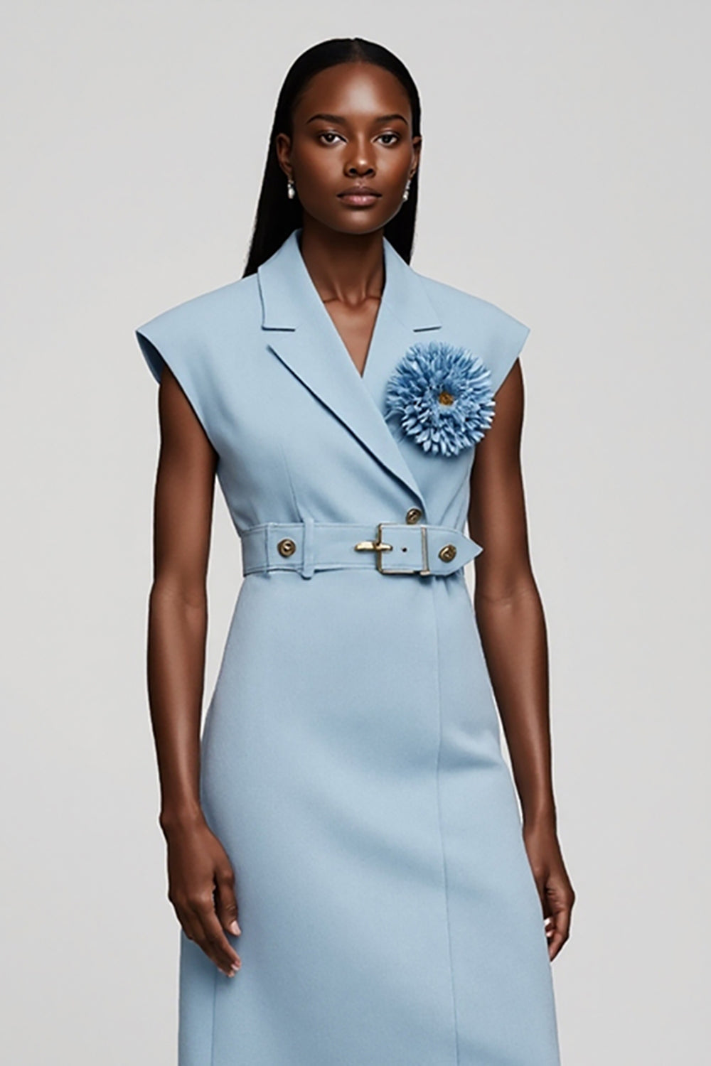 Light Blue Floral Notched Lapel Midi Work Dress with Belt