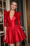 Red Shawl Lapel Corset Short Work Dress with Fringes