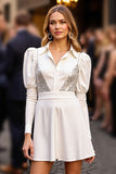 Sparkly White Sequin Bodycon Short Work Dress with Sleeves