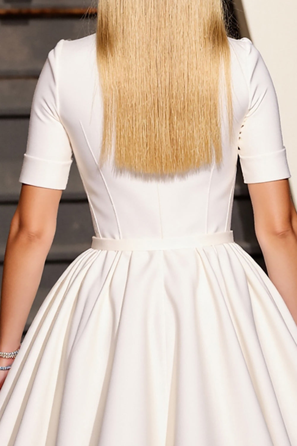 White V-Neck Short A Line Work Dress with Sleeves