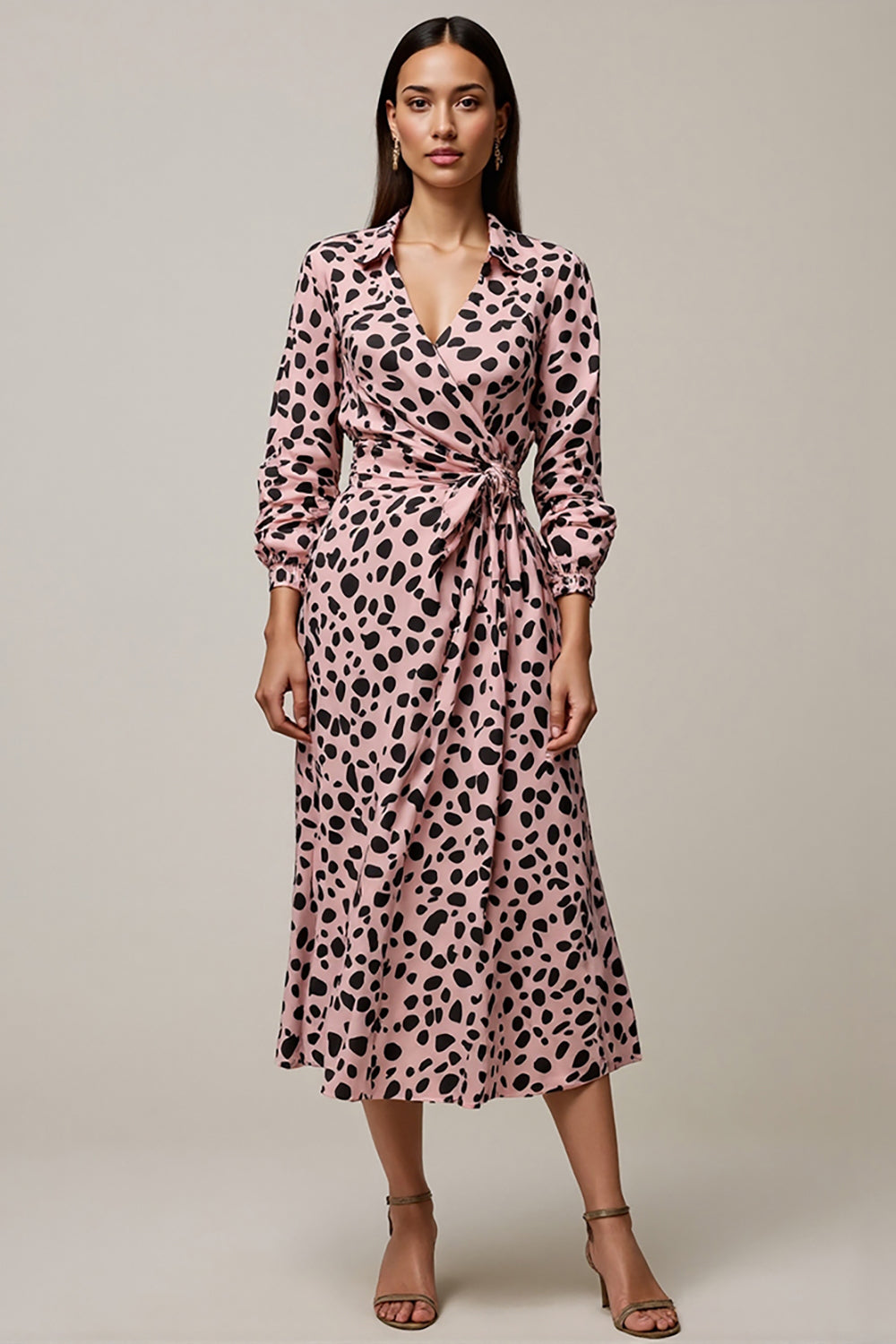 Pink A Line Ruched Leopard Long Work Dress with Sleeves