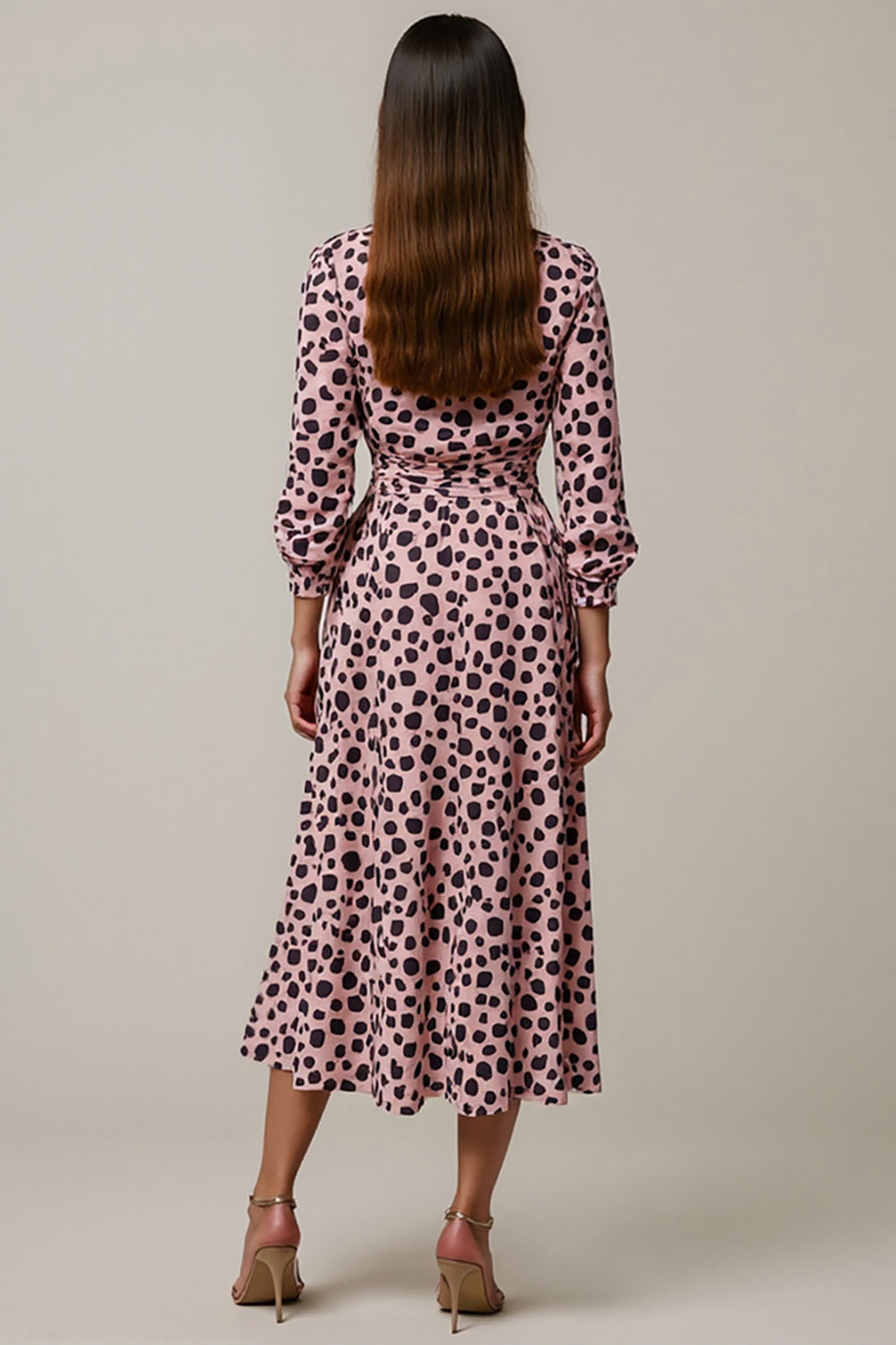 Pink A Line Ruched Leopard Long Work Dress with Sleeves