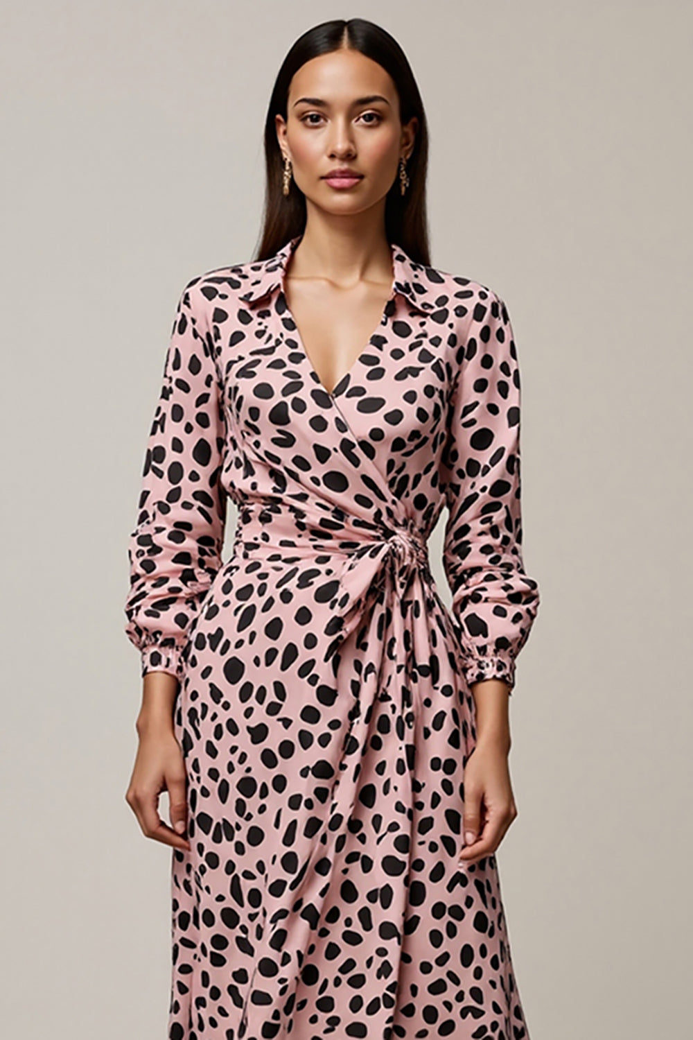 Pink A Line Ruched Leopard Long Work Dress with Sleeves