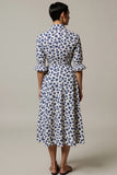 A Line White And Blue Leopard Printed Half Sleeves Long Work Dress