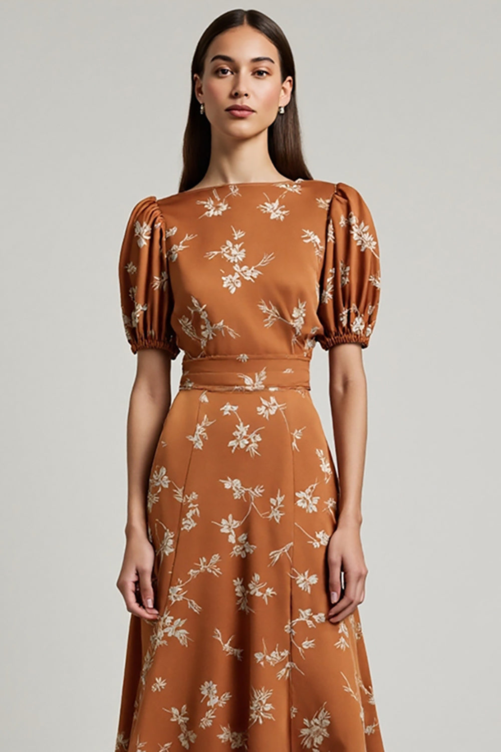 Orange Floral Printed Bateau Neck Long Work Dress With Sleeves