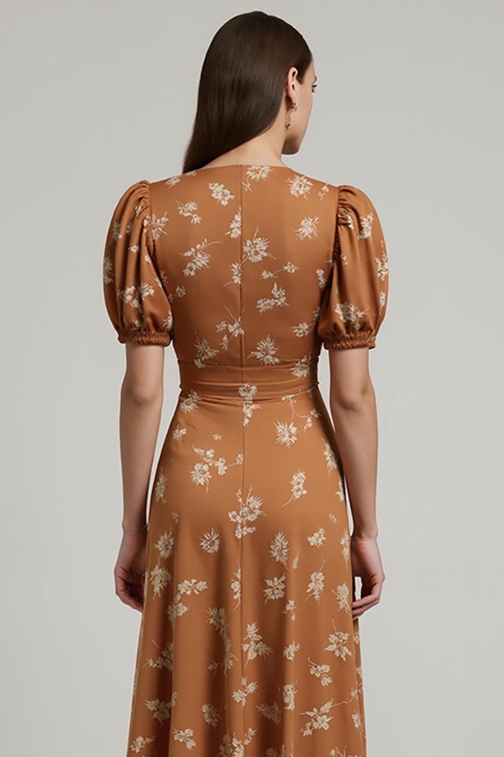 Orange Floral Printed Bateau Neck Long Work Dress With Sleeves