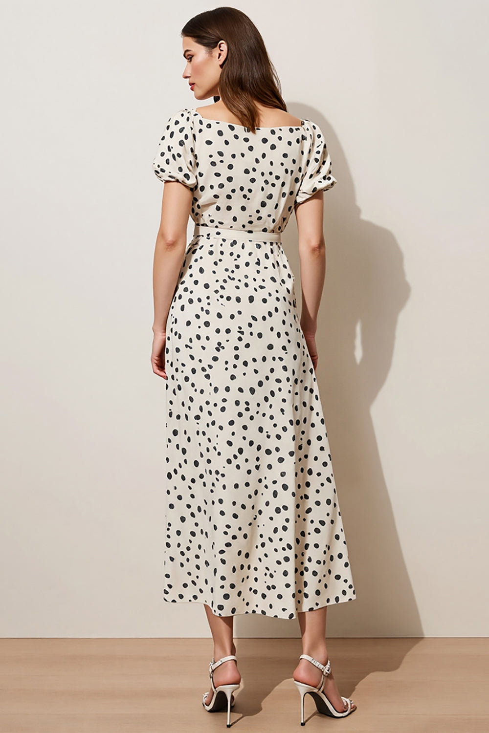 White Polka Dot A Line Midi Work Dress with Short Sleeves