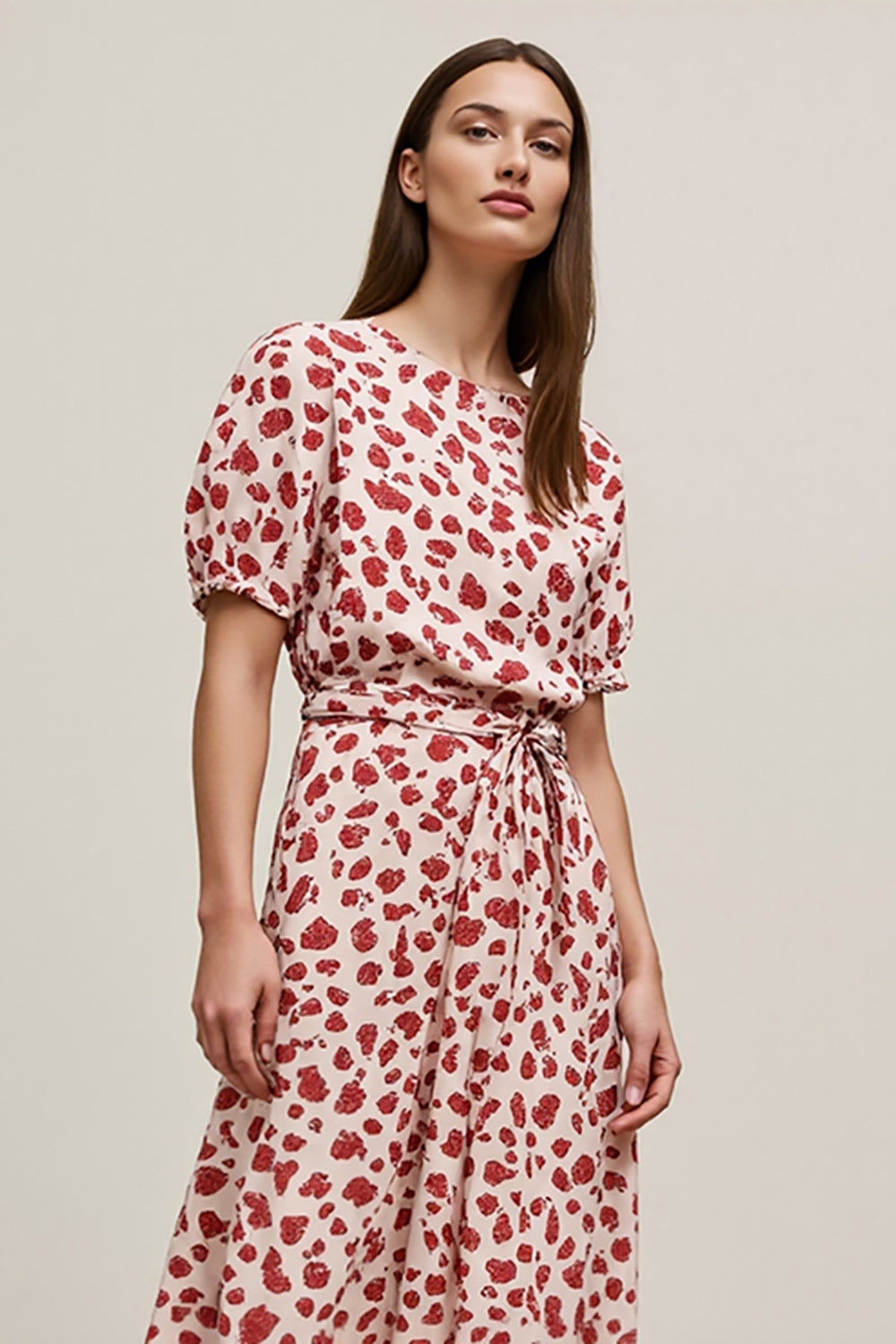 Red A Line Bateau Neck Printed Midi Work Dress