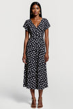 Black Polka Dot V Neck A Line Midi Work Dress