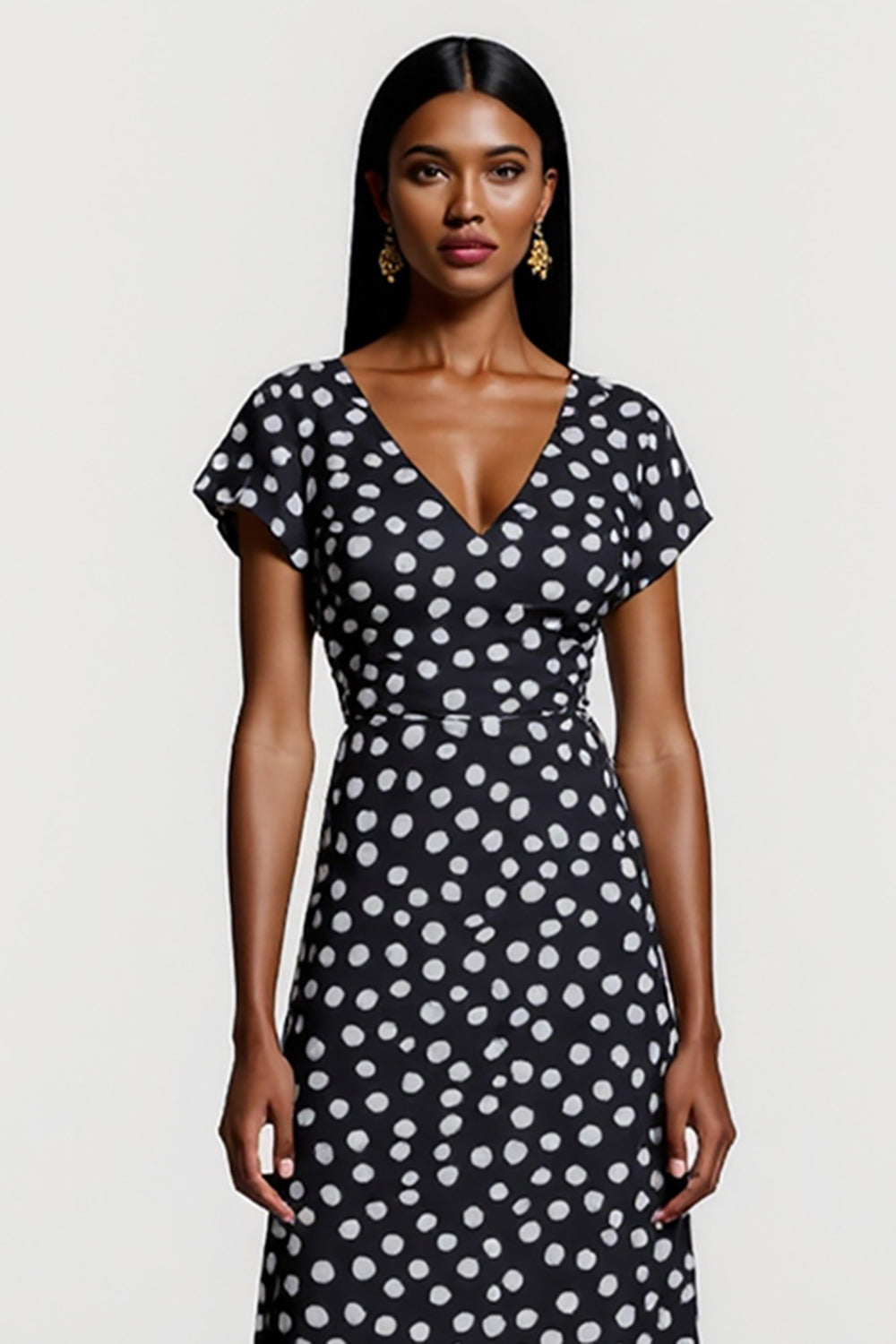 Black Polka Dot V Neck A Line Midi Work Dress