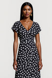 Black Polka Dot V Neck A Line Midi Work Dress