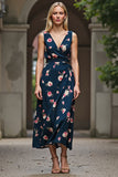 Dark Blue Floral Print A Line Midi Work Dress