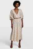 Apricot Half Sleeve V Neck Printed Work Dress with Belt