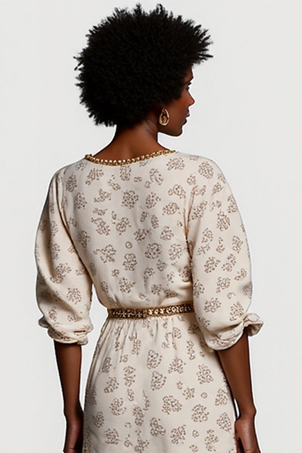 Apricot Half Sleeve V Neck Printed Work Dress with Belt