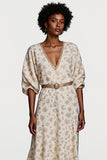 Apricot Half Sleeve V Neck Printed Work Dress with Belt