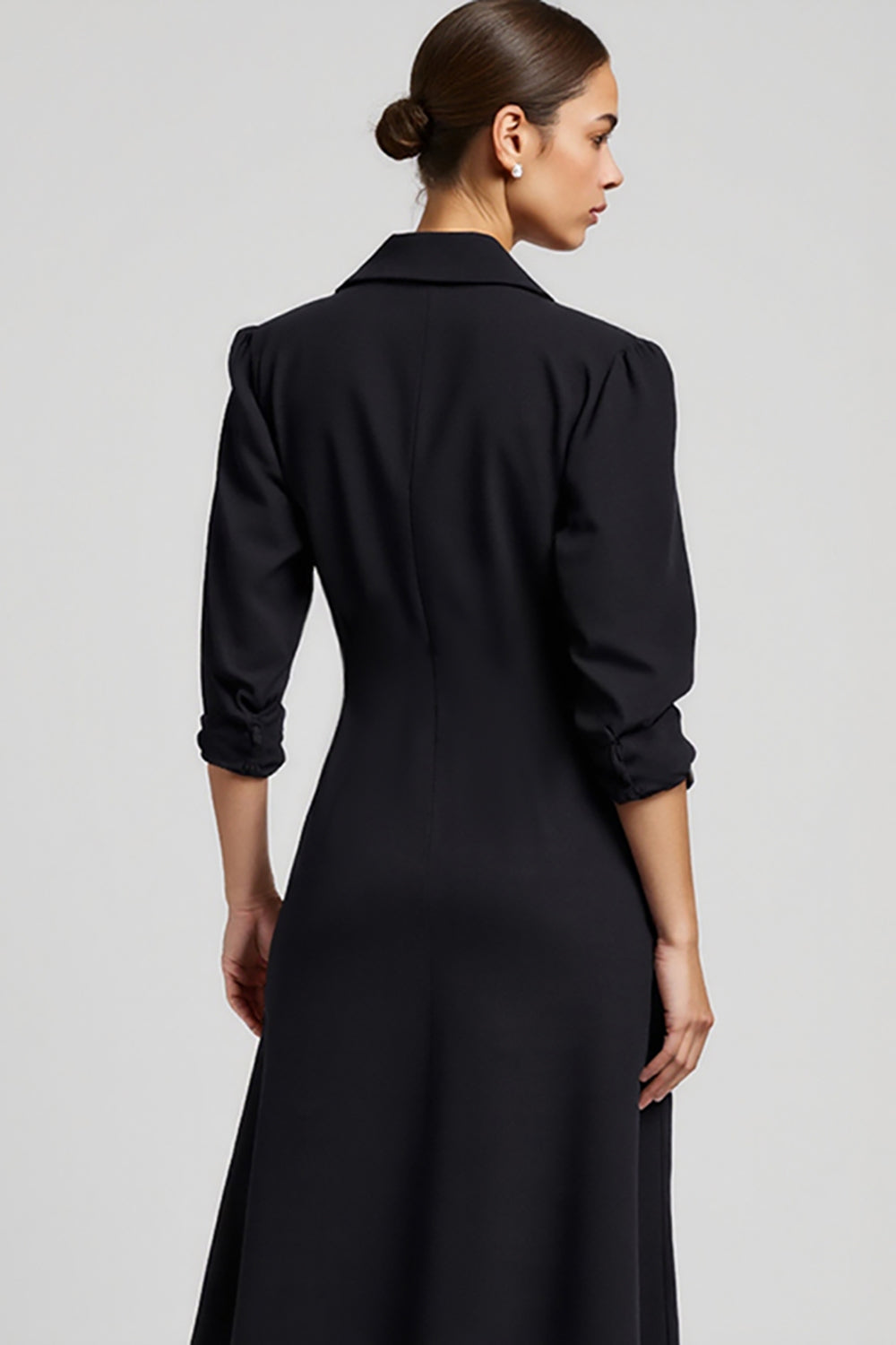 Navy Notched Lapel A Line Long Blazer Dress with Sleeves
