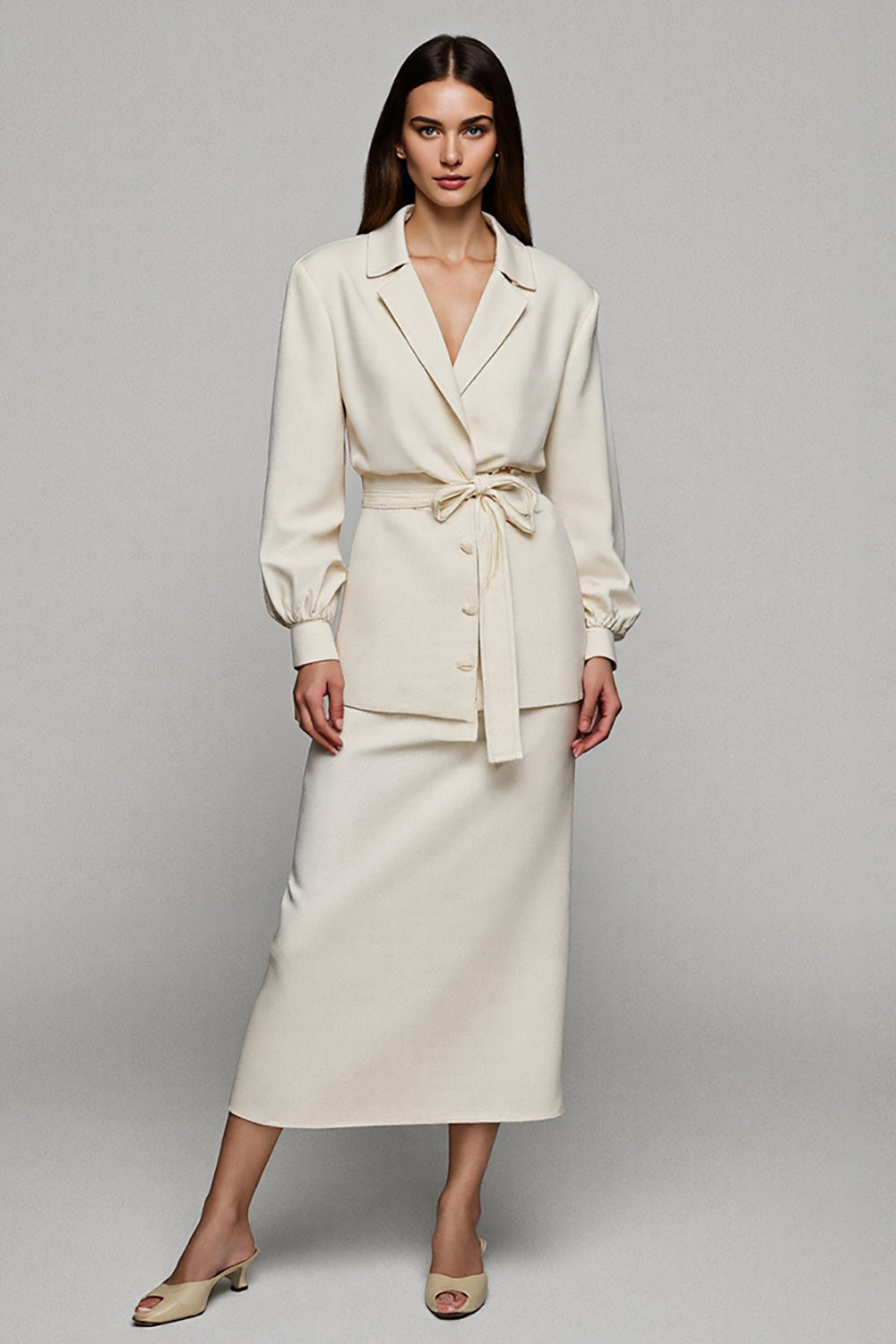 Ivory V Neck 2-Piece Sheath Midi Work Dress