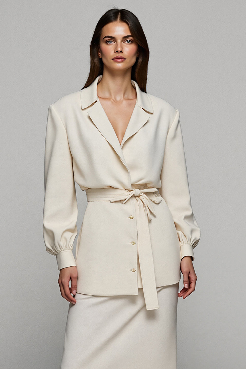 Ivory V Neck 2-Piece Sheath Midi Work Dress