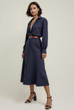 Navy Collar Neck Buttons Midi Shirt Work Dress with Sleeves