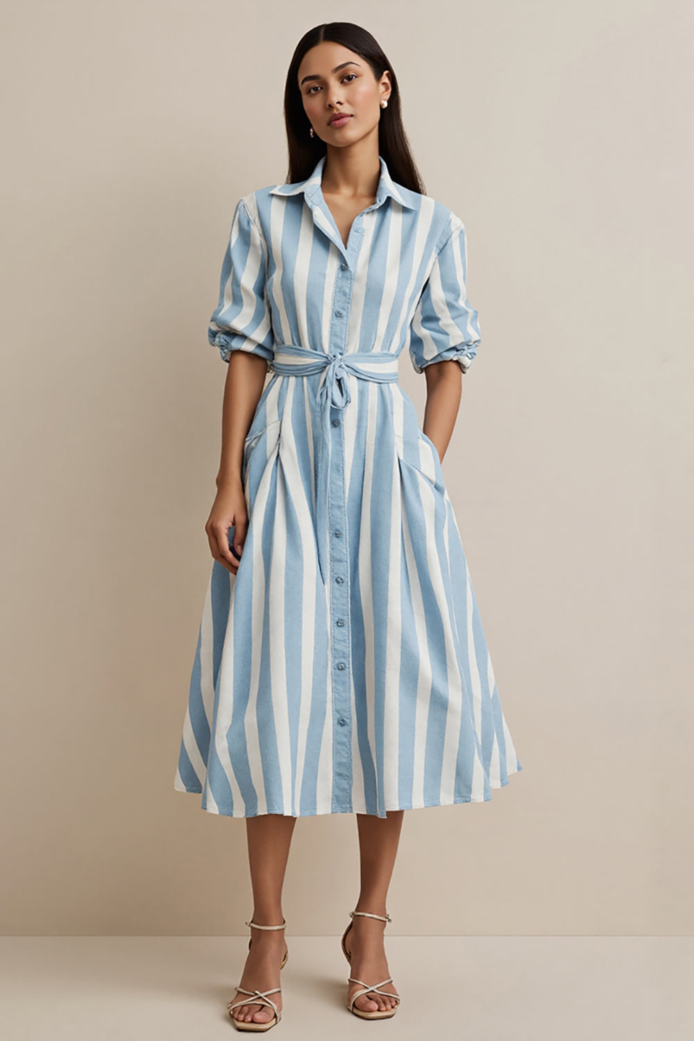 Blue Striped Collar Neck Work Dress with Sleeves