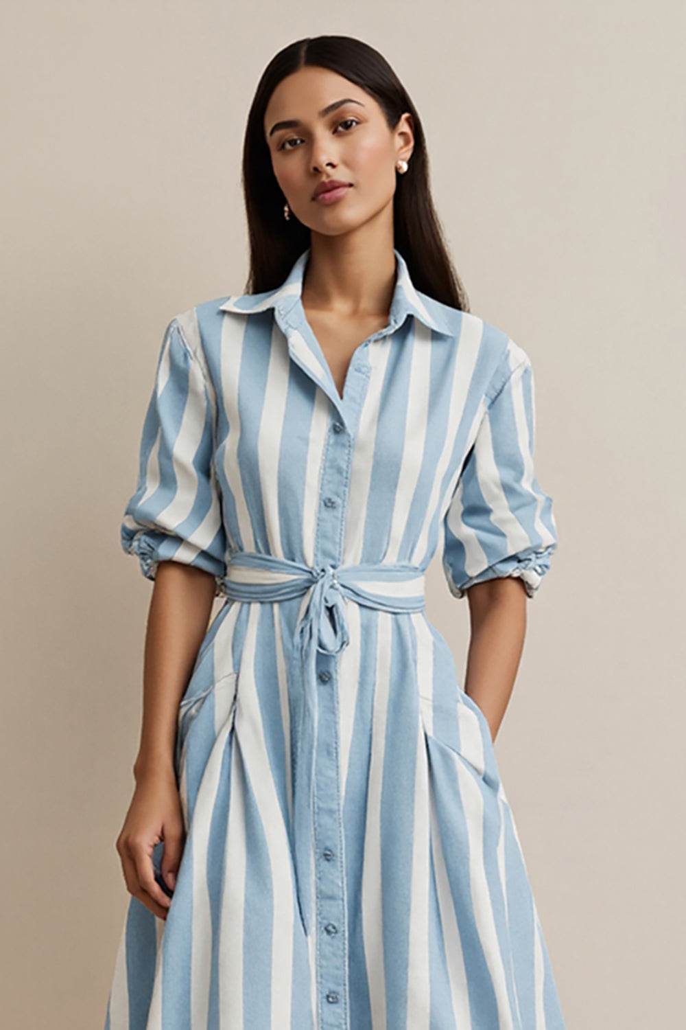 Blue Striped Collar Neck Work Dress with Sleeves
