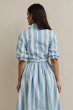 Blue Striped Collar Neck Work Dress with Sleeves