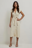 Apricot A Line Satin Tea Length Work Dress with Sleeves