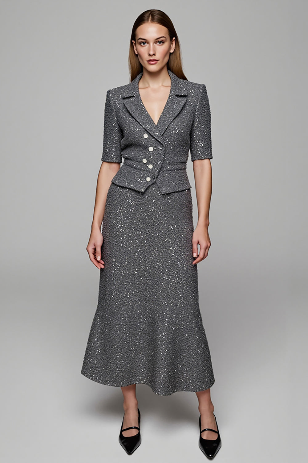 Sparkly Dark Grey Sheath 2 Piece Work Suits