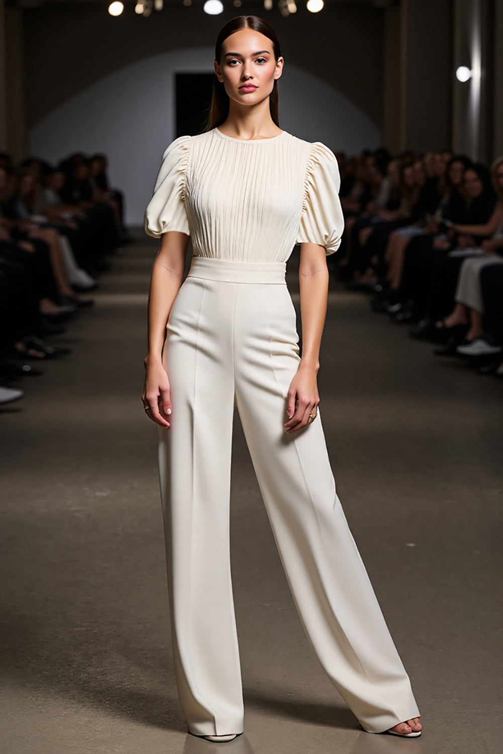 Ivory 2 Piece Round Neck Ruched Work Suits