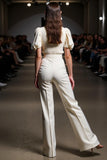Ivory 2 Piece Round Neck Ruched Work Suits