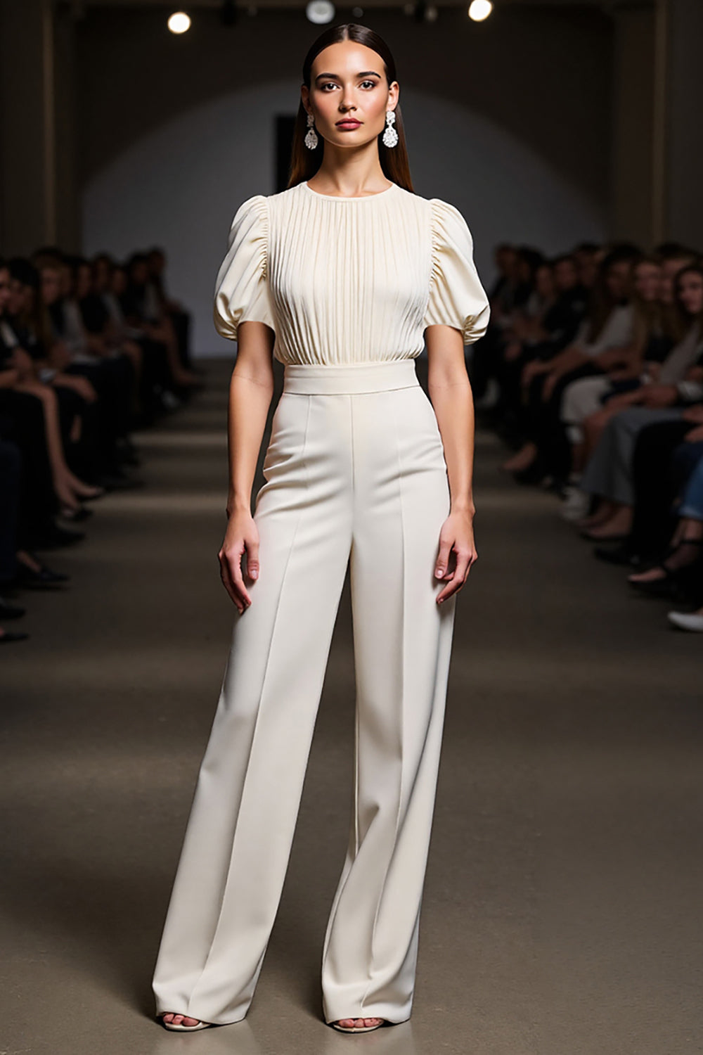 Ivory 2 Piece Round Neck Ruched Work Suits
