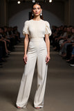 Ivory 2 Piece Round Neck Ruched Work Suits