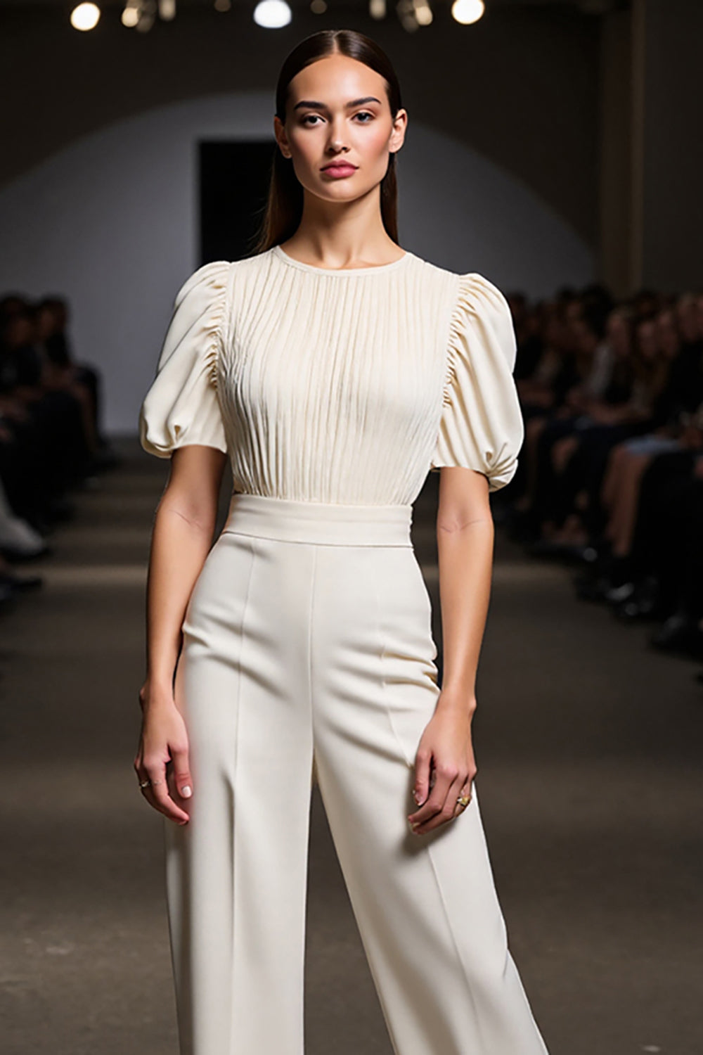 Ivory 2 Piece Round Neck Ruched Work Suits