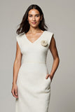 White Bodycon V-Neck Work Dress with 3D Flower