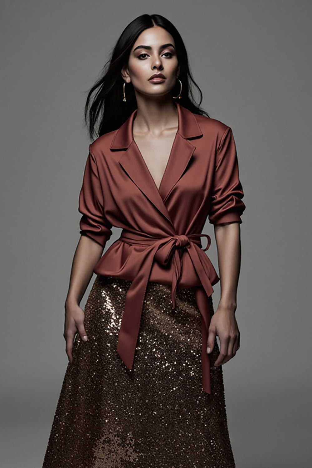 Sparkly Red 2 Piece A Line Notched Lapel Holiday Dress with Sash