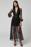 Navy A Line V-Neck Cocktail Dress with Sleeves
