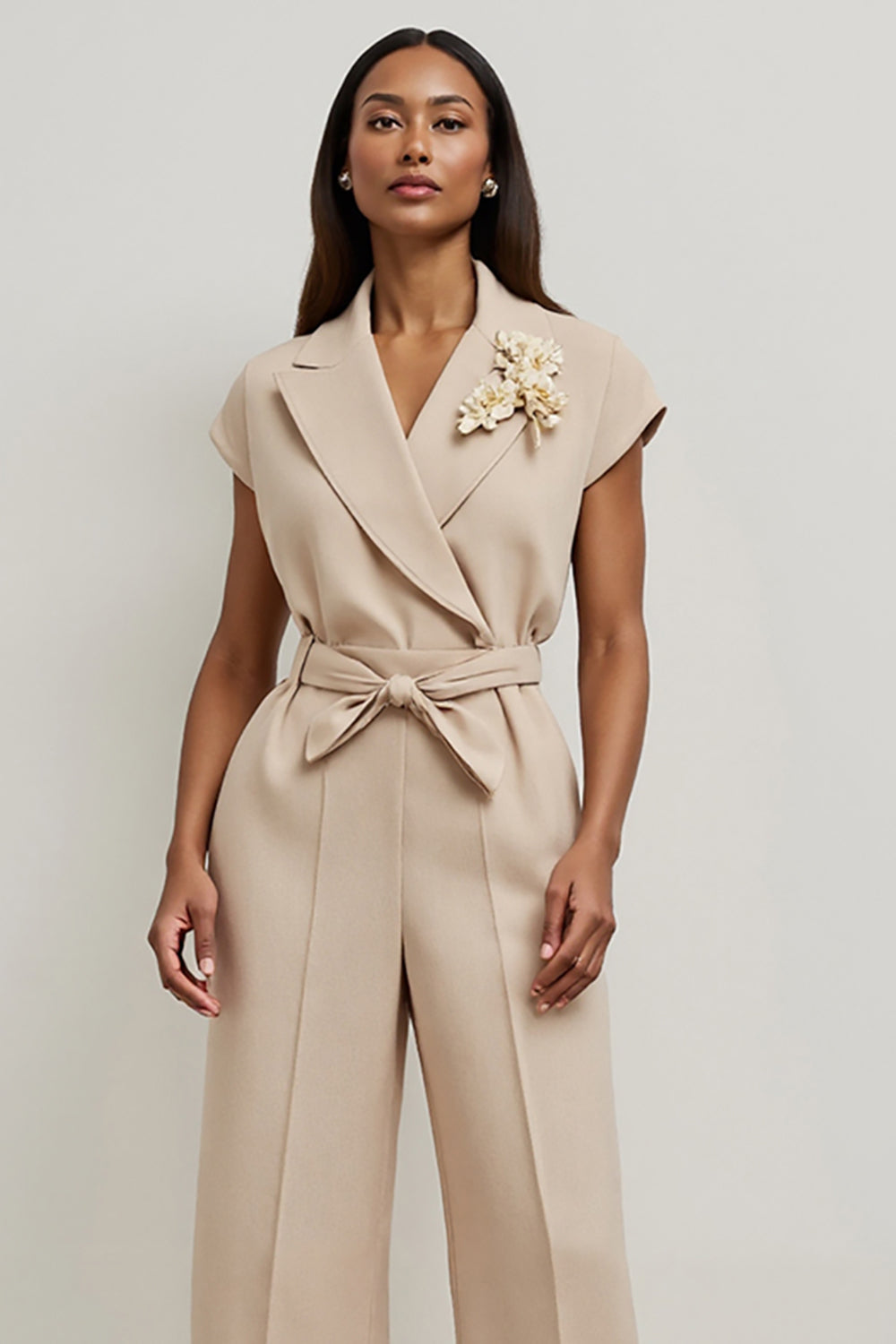 Khaki Notched Lapel Work Jumpsuits with Sleeves