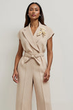 Khaki Notched Lapel Work Jumpsuits with Sleeves