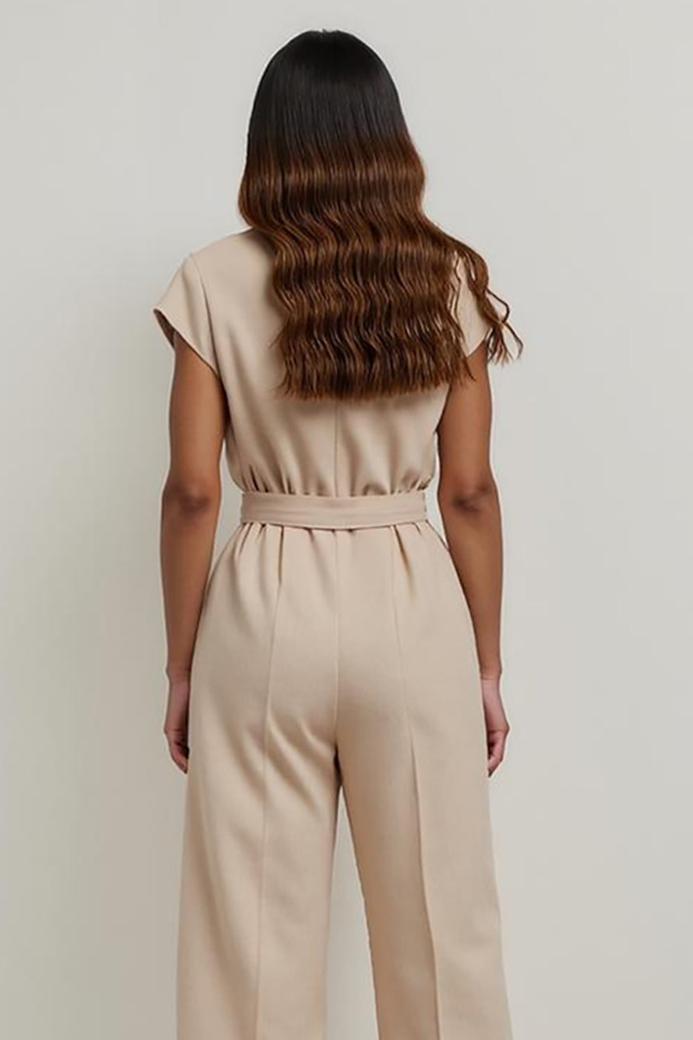 Khaki Notched Lapel Work Jumpsuits with Sleeves