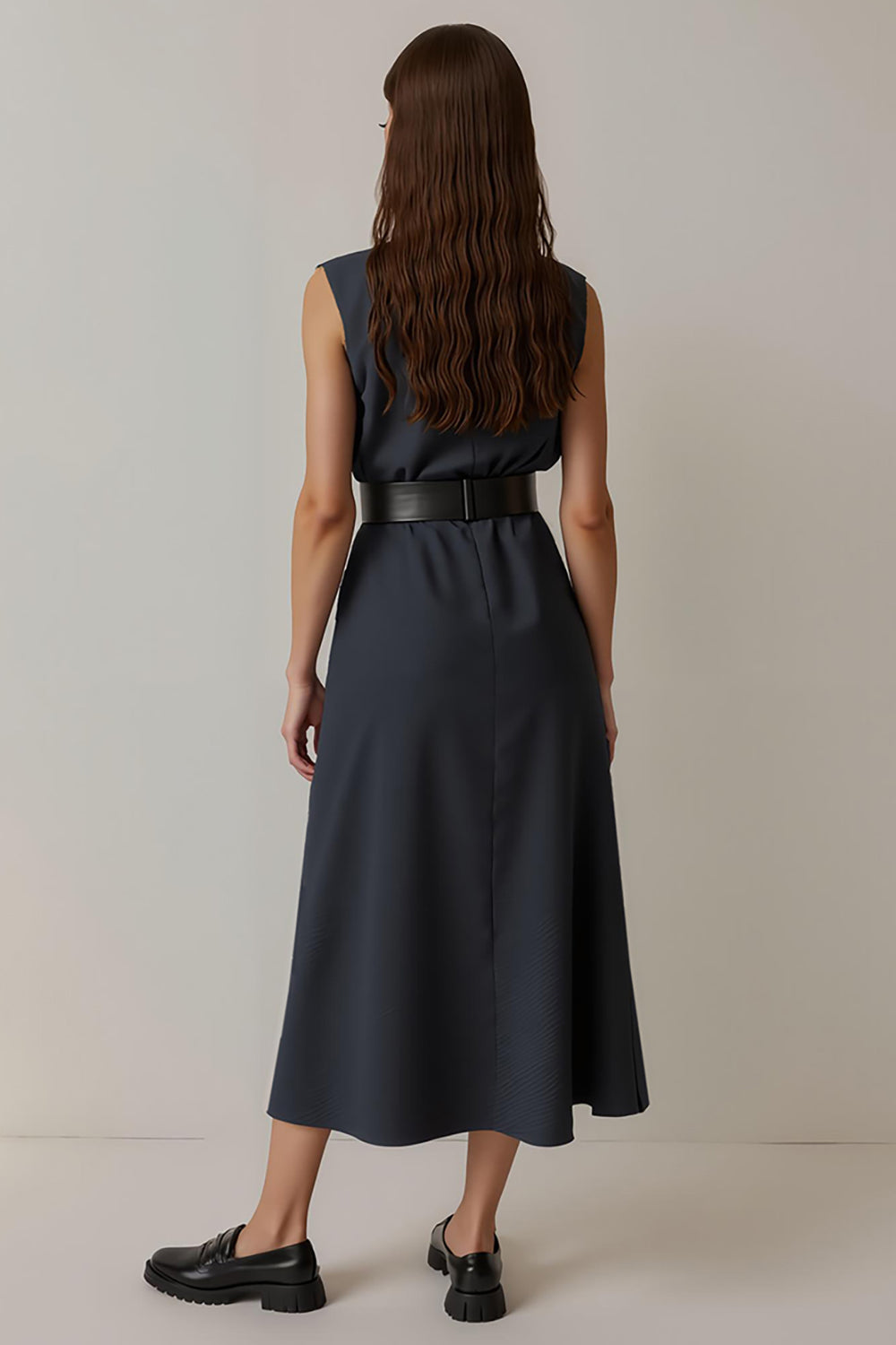 Navy A Line Satin Tea Length Work Dress with Belt