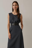 Navy A Line Satin Tea Length Work Dress with Belt